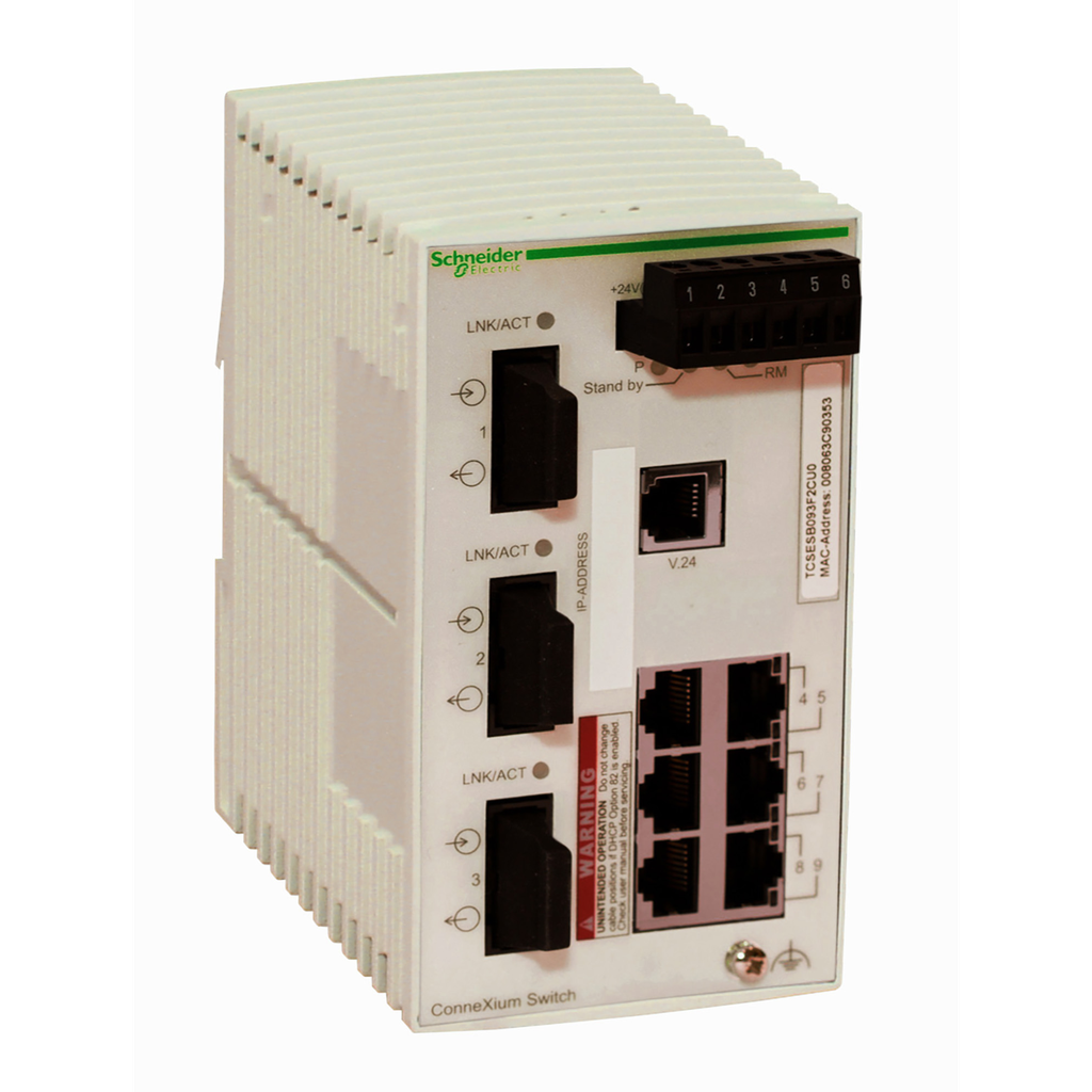 switch, Modicon Networking, basic managed switch, 6 ports for copper, 3 ports for fiber optic multimode