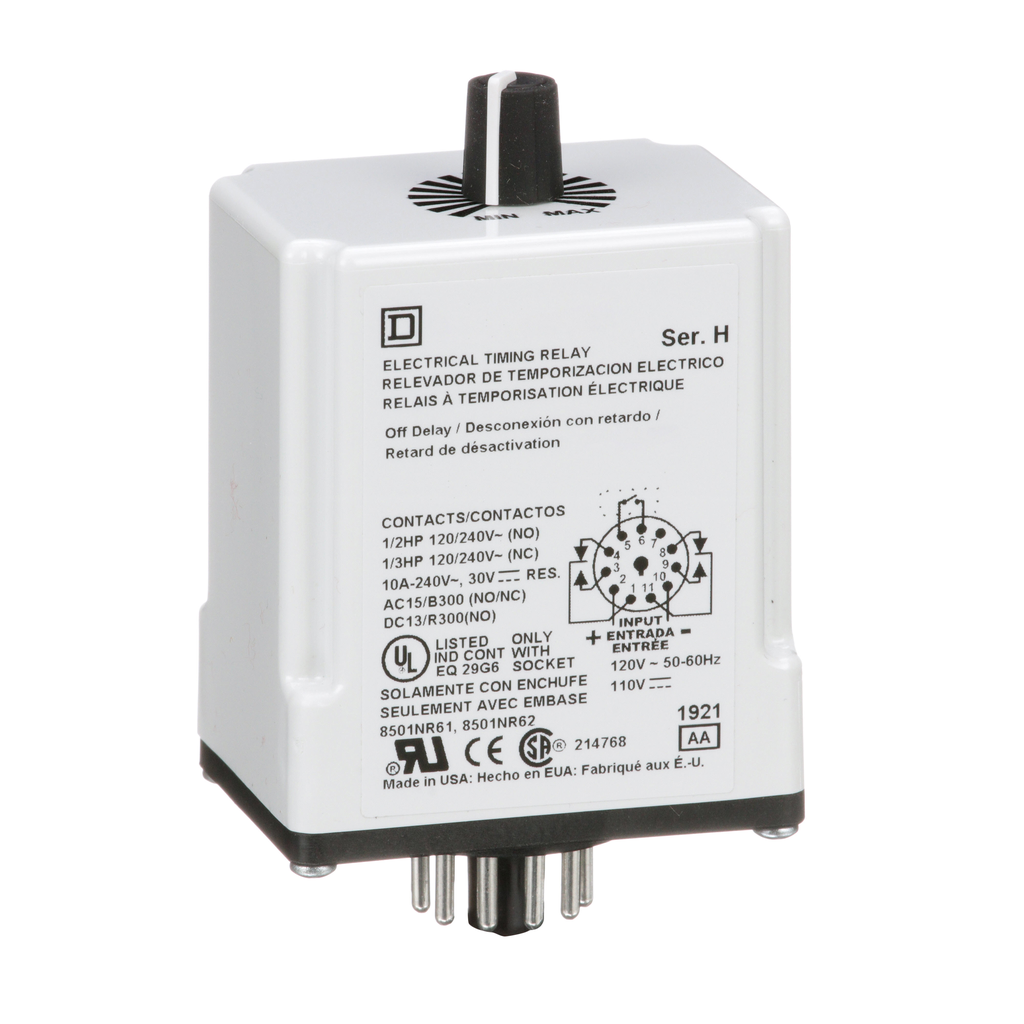 Timing Relay, Type JCK, plug In, off delay, adjustable time, 1.8 to 180 seconds, 10A, 240 VAC, 120 VAC/110 VDC