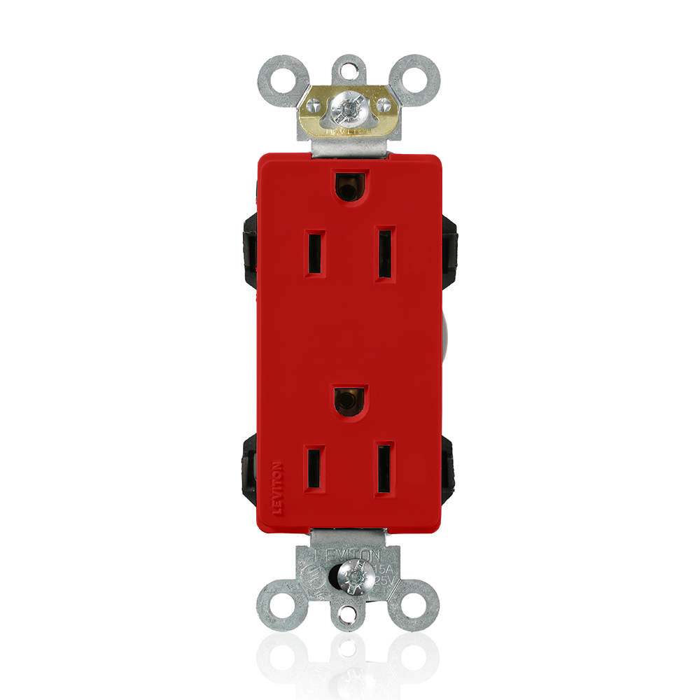 Lev-Lok Duplex Receptacle Lev-Lok Decora Plus Duplex Receptacle Outlet, Heavy-Duty Industrial Specification Grade, Smooth Face, 15 Amp, 125 Volt, Modular, NEMA 5-15R, 2-Pole, 3-Wire, Self-Grounding - Red Mating Lev-Lok Wiring Module Required for Use