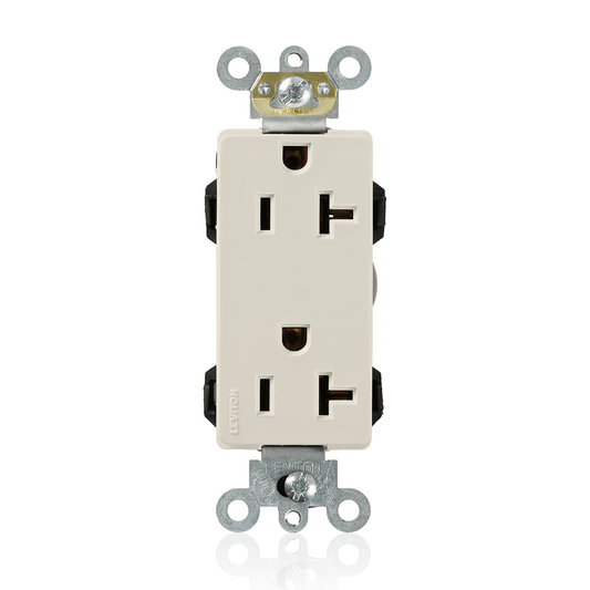 Lev-Lok Duplex Receptacle Lev-Lok Decora Plus Duplex Receptacle Outlet, Heavy-Duty Industrial Specification Grade, Smooth Face, 20 Amp, 125 Volt, Modular, NEMA 5-20R, 2-Pole, 3-Wire, Self-Grounding - Light Almond Mating Lev-Lok Wiring Module Required for Use