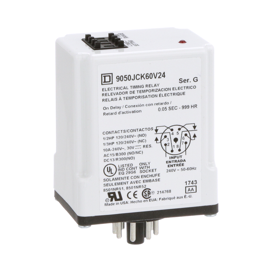 Timing Relay, Type JCK, plug In, on delay, programmable, 0.5 second to 999 hours, 10A, 240 VAC, 240 VAC 50/60 Hz