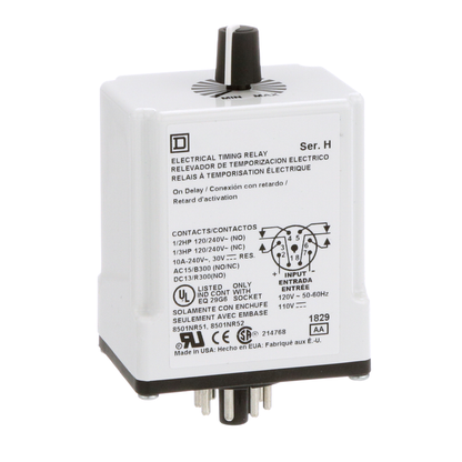 Timing Relay, Type JCK, plug In, on delay, adjustable time, 0.6 to 60 minutes, 10A, 240 VAC, 120 VAC/110 VDC