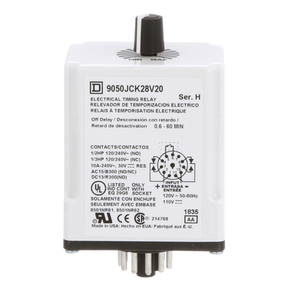 Timing Relay, Type JCK, plug In, off delay, adjustable time, 0.6 to 60 minutes, 10A, 240 VAC, 120 VAC/110 VDC