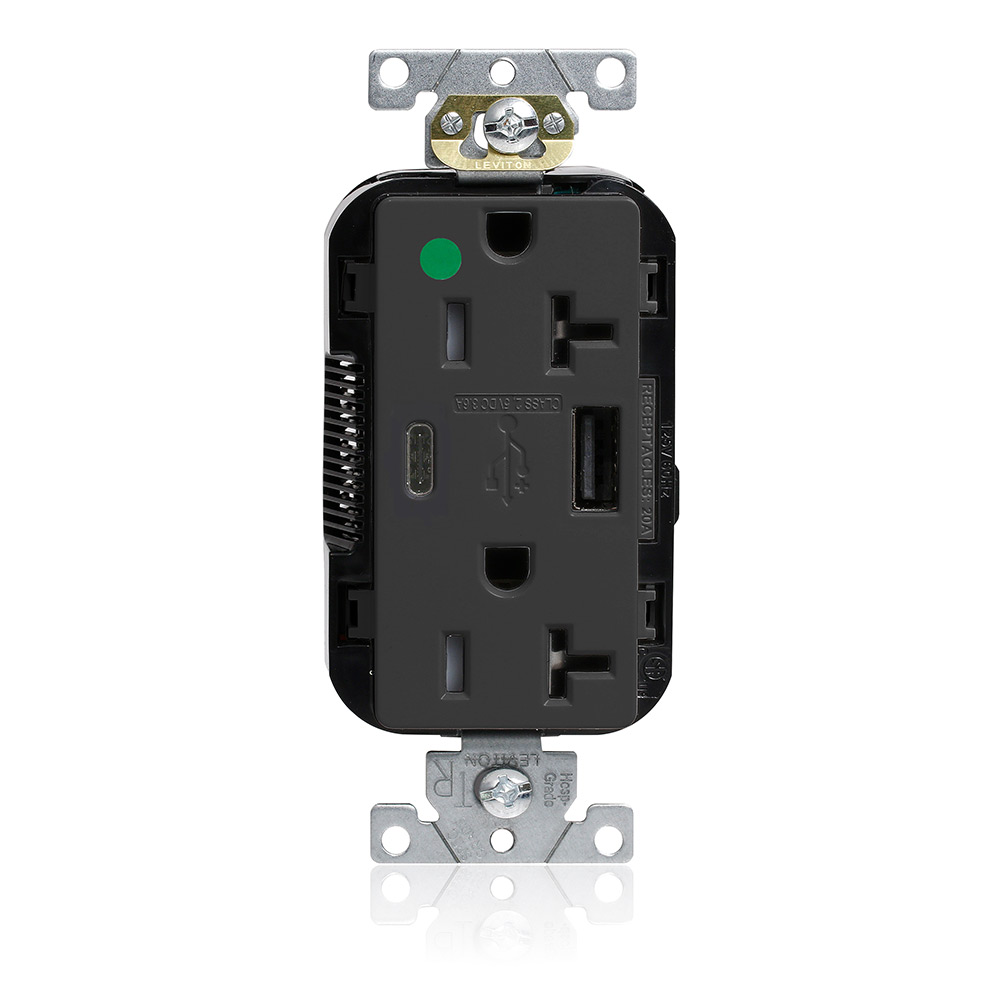 Tamper-Resistant USB Receptacle, Type A/C, 20 Amp 125 Volt, Hospital Grade, Black - Lev-Lok