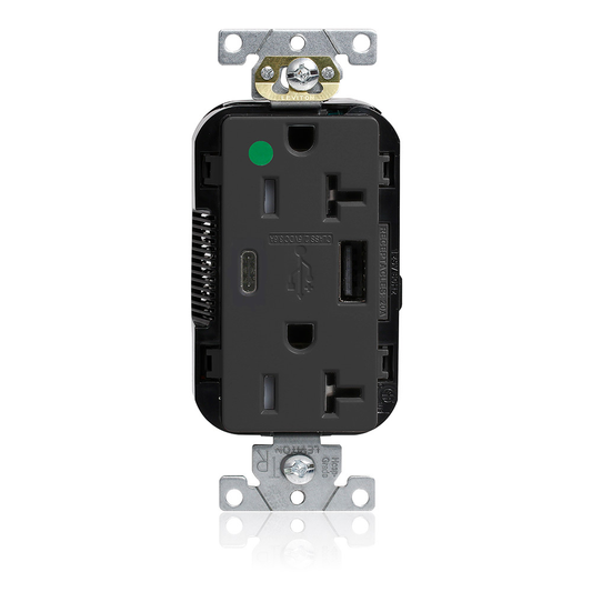 Tamper-Resistant USB Receptacle, Type A/C, 20 Amp 125 Volt, Hospital Grade, Black - Lev-Lok