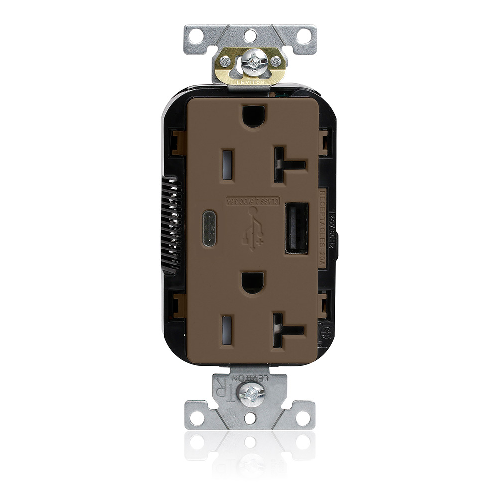 Tamper-Resistant USB Receptacle, Type A/C, 20 Amp 125 Volt, Commercial Grade, Brown - Lev-Lok