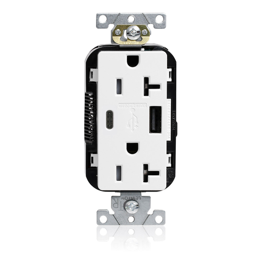 Tamper-Resistant USB Receptacle, Type A/C, 20 Amp 125 Volt, Commercial Grade, White - Lev-Lok