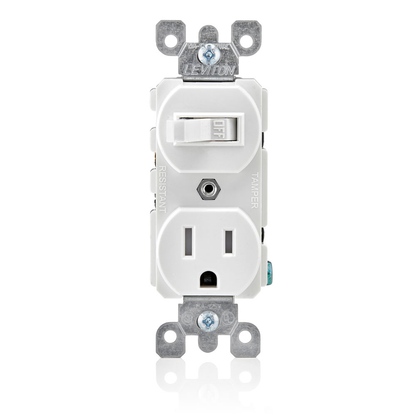 Tamper-Resistant Duplex Style Single-Pole / 5-15R Combination Switch 15 Amp, 120 Volt, Tamper Resistant, Duplex Style Single-Pole / 5-15R AC Combination Switch, Commercial Grade, Grounding, Side Wired - White