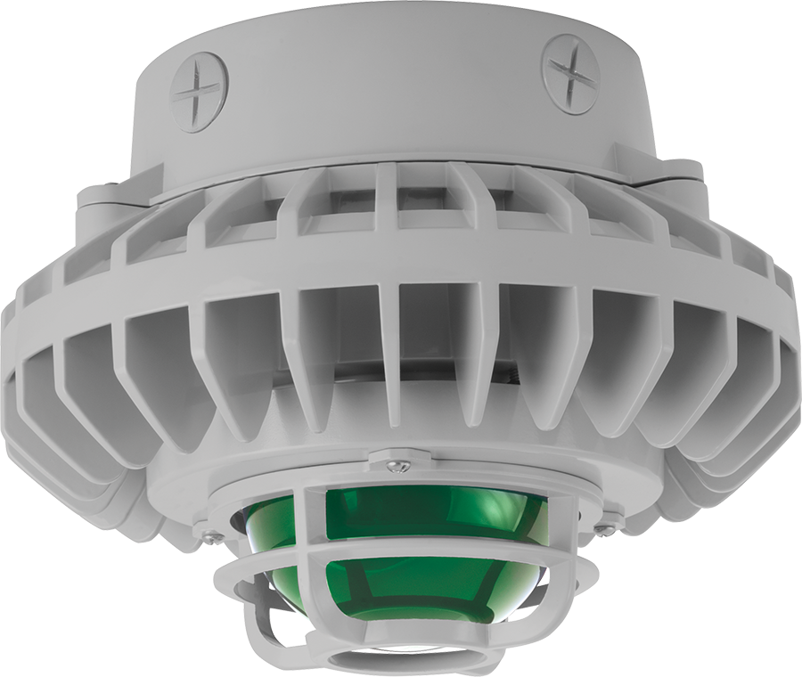 Hazardous Lighting, HAZXLED, 80W, green frosted globe, die cast guard, gray