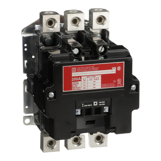 Contactor, Type S, multipole lighting, electrically held, 200A, 3 pole, 110/120 VAC coil at 50/60 Hz, open style