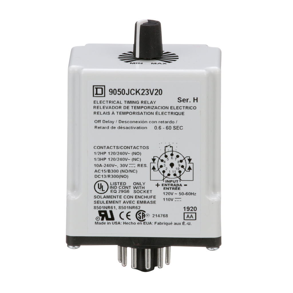 Timing Relay, Type JCK, plug In, off delay, adjustable time, 0.6 to 60 seconds, 10A, 240 VAC, 120 VAC/110 VDC