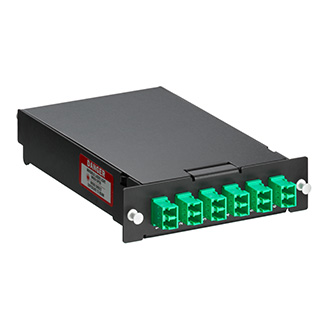 SDX Pigtail Fusion Splice Module pre-loaded with duplex LC adapters (Green) and 12-fiber OS2 LC/APC individual pigtails. Includes 40mm splice sleeves. Works with all SDX Enclosures.