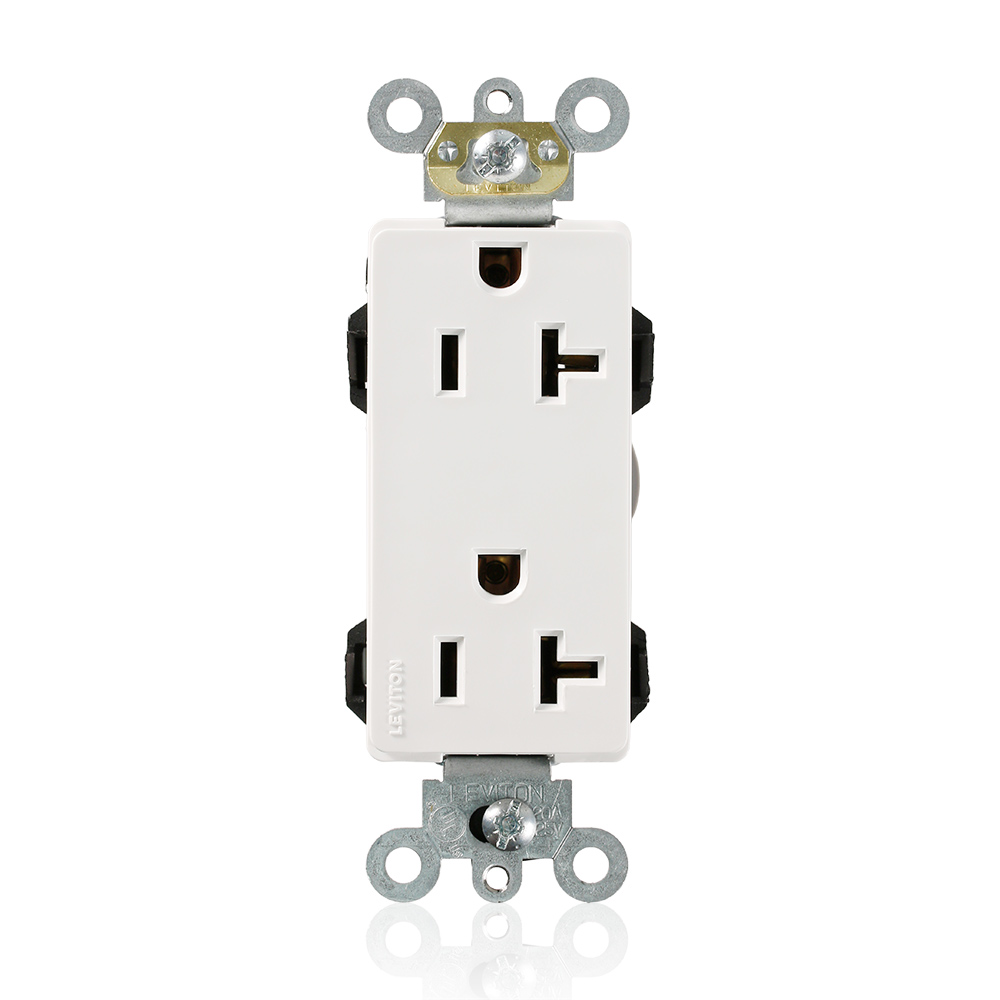 Lev-Lok Duplex Receptacle Lev-Lok Decora Plus Duplex Receptacle Outlet, Heavy-Duty Industrial Specification Grade, Smooth Face, 20 Amp, 125 Volt, Modular, NEMA 5-20R, 2-Pole, 3-Wire, Self-Grounding - White Mating Lev-Lok Wiring Module Required for Use