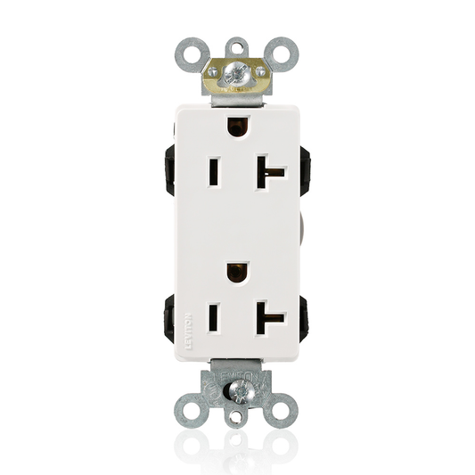 Lev-Lok Duplex Receptacle Lev-Lok Decora Plus Duplex Receptacle Outlet, Heavy-Duty Industrial Specification Grade, Smooth Face, 20 Amp, 125 Volt, Modular, NEMA 5-20R, 2-Pole, 3-Wire, Self-Grounding - White Mating Lev-Lok Wiring Module Required for Use