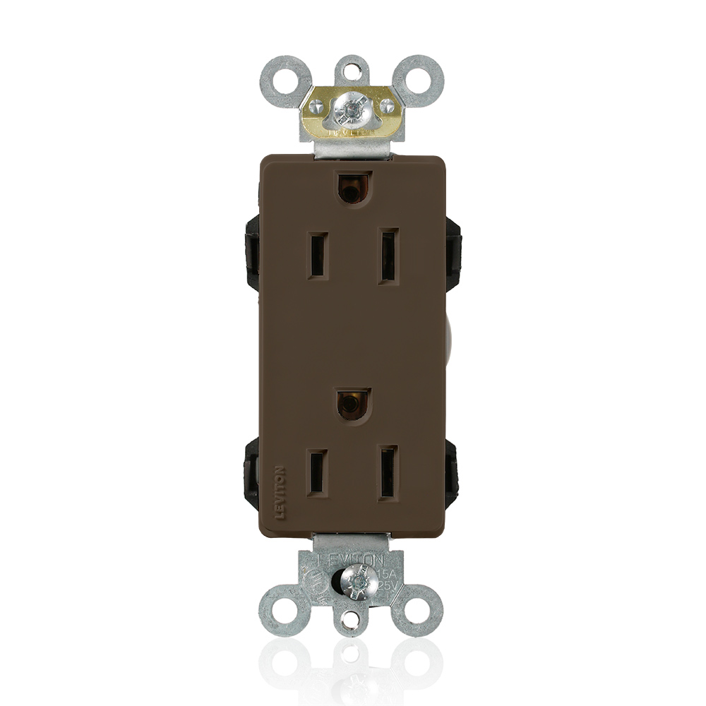 Lev-Lok Duplex Receptacle Lev-Lok Decora Plus Duplex Receptacle Outlet, Heavy-Duty Industrial Specification Grade, Smooth Face, 15 Amp, 125 Volt, Modular, NEMA 5-15R, 2-Pole, 3-Wire, Self-Grounding - Brown Mating Lev-Lok Wiring Module Required for Use