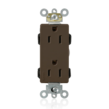 Lev-Lok Duplex Receptacle Lev-Lok Decora Plus Duplex Receptacle Outlet, Heavy-Duty Industrial Specification Grade, Smooth Face, 15 Amp, 125 Volt, Modular, NEMA 5-15R, 2-Pole, 3-Wire, Self-Grounding - Brown Mating Lev-Lok Wiring Module Required for Use