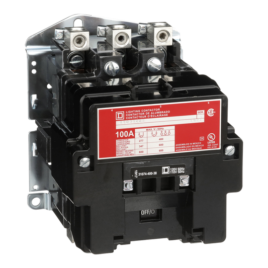 Contactor, Type S, multipole lighting, electrically held, 100A, 3 pole, 110/120VAC coil at 50/60 Hz, open style