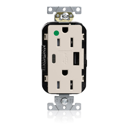 Tamper-Resistant USB Receptacle, Type A/C, 15 Amp 125 Volt, Hospital Grade, Light Almond - Lev-Lok