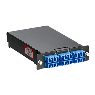 SDX Pigtail Fusion Splice Module pre-loaded with quad LC adapters (Blue) and 24-fiber OS2 LC/UPC individual pigtails. Includes 40mm splice sleeves. Works with all SDX Enclosures.