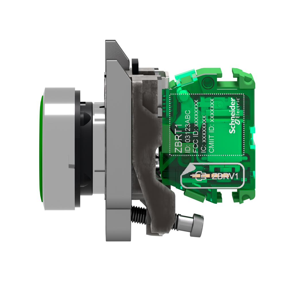 Wireless and batteryless transmitter, Harmony XB5R, push button, metal, green, 22mm, spring return