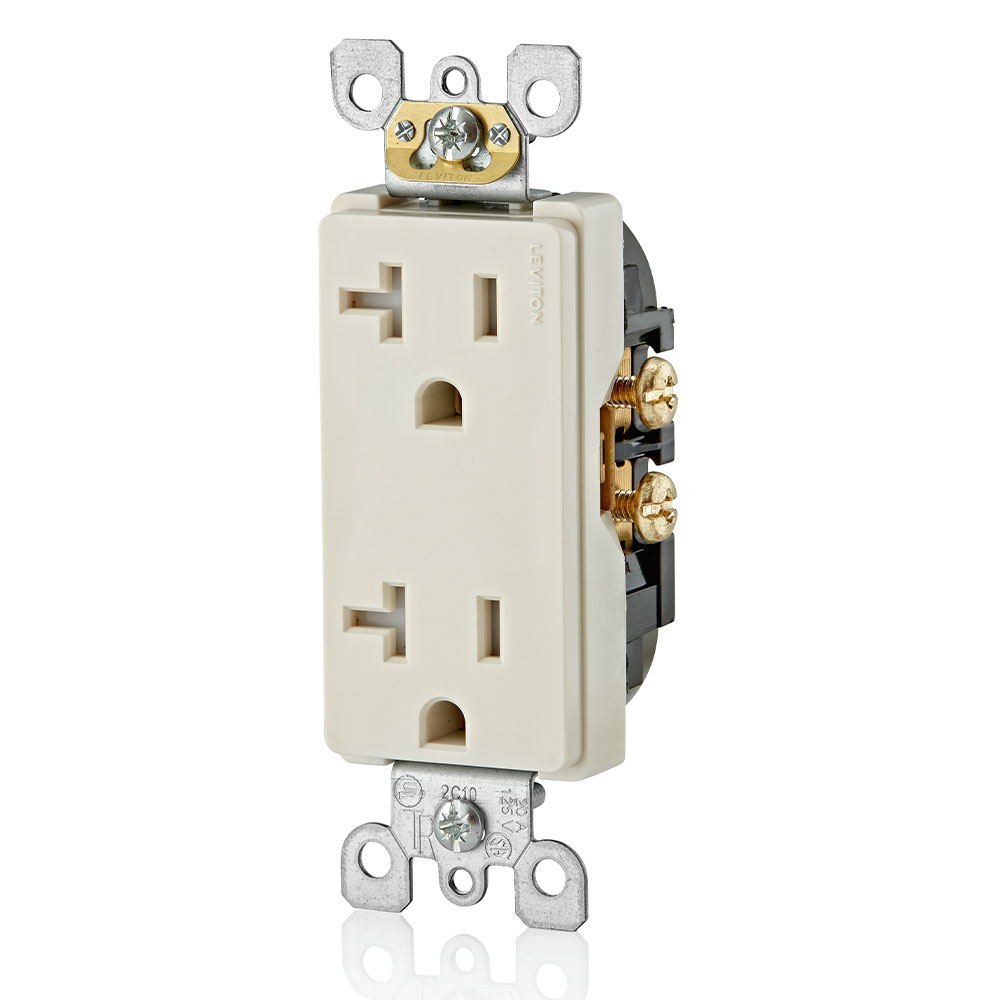 Ultrasonically welded, 20A Tamper-Resistant, Decora duplex receptacle/outlet. Residential grade, NEMA 5-20R, side wired only, UL, CSA and NOM