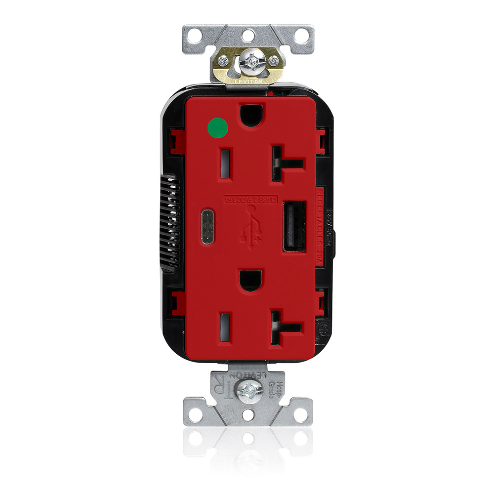 Tamper-Resistant USB Receptacle, Type A/C, 20 Amp 125 Volt, Hospital Grade, Red - Lev-Lok