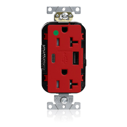 Tamper-Resistant USB Receptacle, Type A/C, 20 Amp 125 Volt, Hospital Grade, Red - Lev-Lok