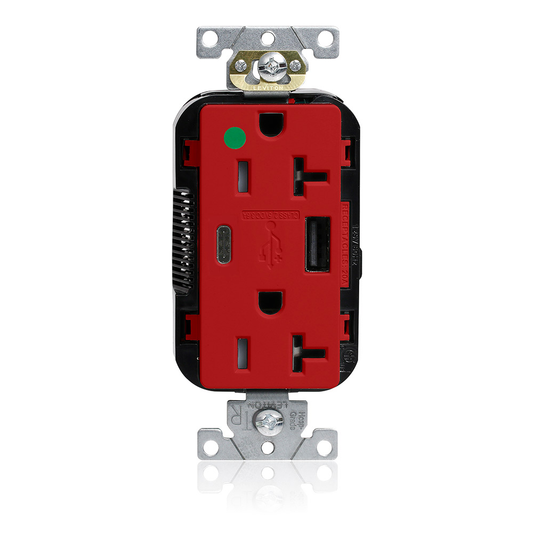 Tamper-Resistant USB Receptacle, Type A/C, 20 Amp 125 Volt, Hospital Grade, Red - Lev-Lok