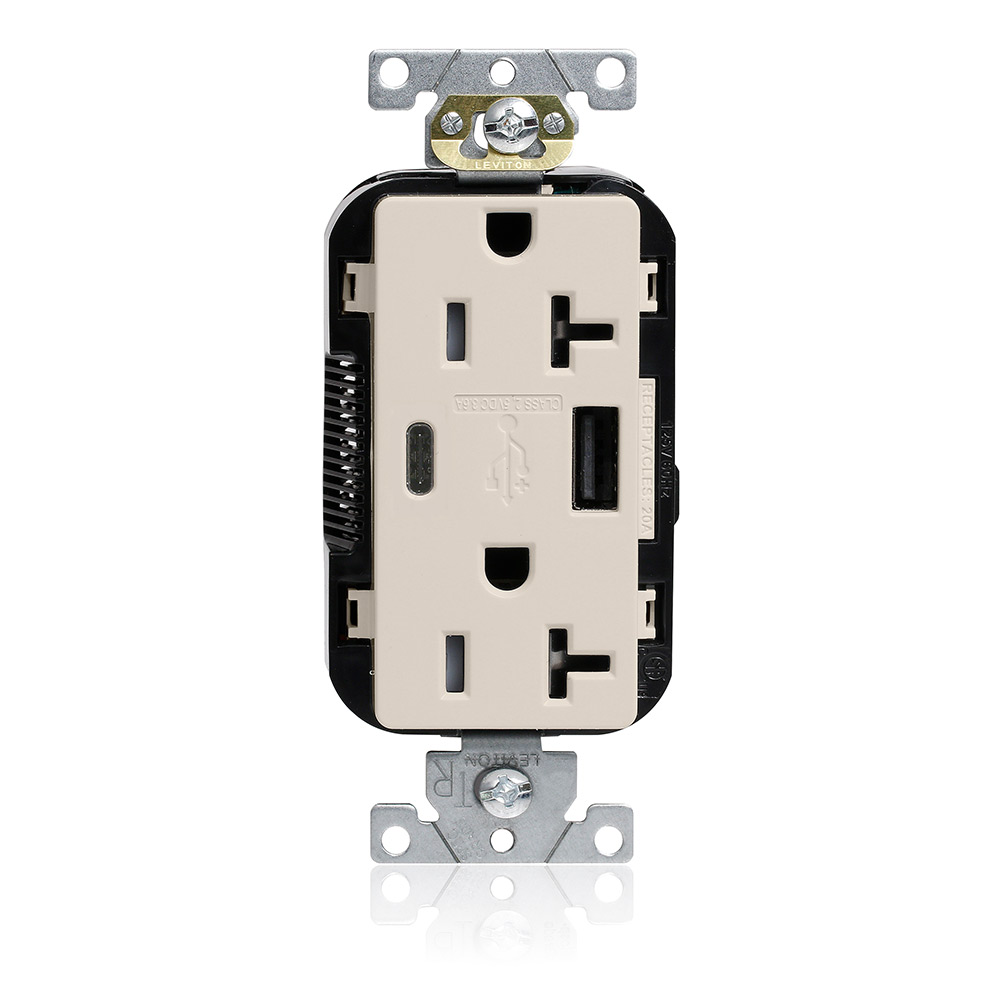 Tamper-Resistant USB Receptacle, Type A/C, 20 Amp 125 Volt, Commercial Grade, Light Almond - Lev-Lok