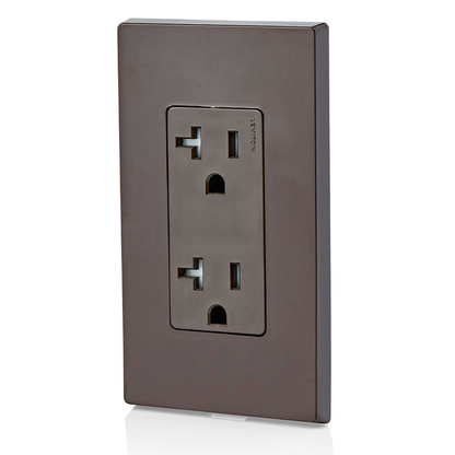 Ultrasonically welded, 20A Tamper-Resistant, Decora duplex receptacle/outlet. Residential grade, NEMA 5-20R, side wired only, UL, CSA and NOM