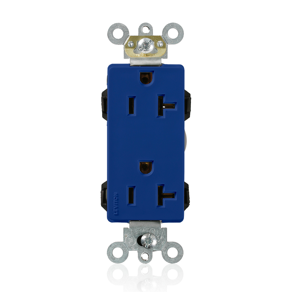 Lev-Lok Duplex Receptacle Lev-Lok Decora Plus Duplex Receptacle Outlet, Heavy-Duty Industrial Specification Grade, Smooth Face, 20 Amp, 125 Volt, Modular, NEMA 5-20R, 2-Pole, 3-Wire, Self-Grounding - Blue Mating Lev-Lok Wiring Module Required for Use