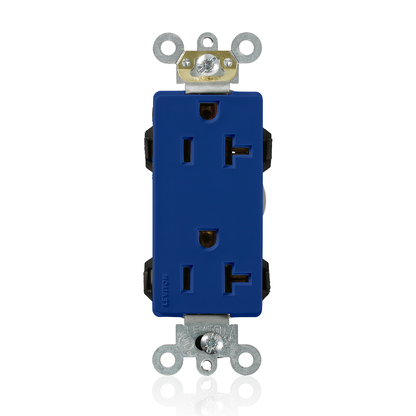 Lev-Lok Duplex Receptacle Lev-Lok Decora Plus Duplex Receptacle Outlet, Heavy-Duty Industrial Specification Grade, Smooth Face, 20 Amp, 125 Volt, Modular, NEMA 5-20R, 2-Pole, 3-Wire, Self-Grounding - Blue Mating Lev-Lok Wiring Module Required for Use