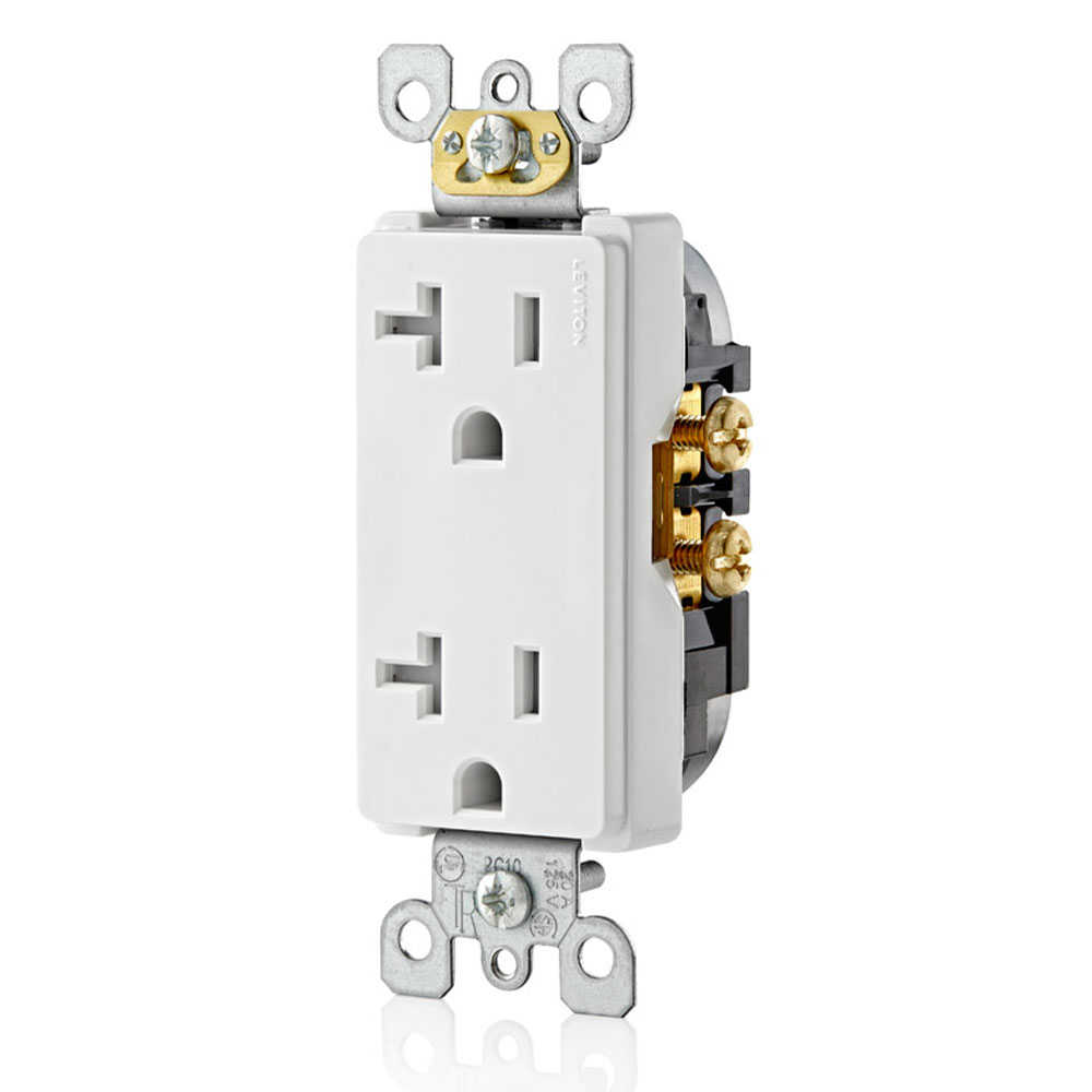 Ultrasonically welded, 20A Tamper-Resistant, Decora duplex receptacle/outlet. Residential grade, NEMA 5-20R, side wired only, UL, CSA and NOM