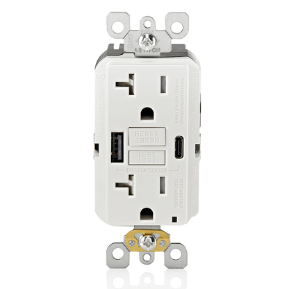 20A SmartlockPro Self-Test GFCI Combination 24W(4.8A) Type A/C USB In-Wall Charger Outlet White