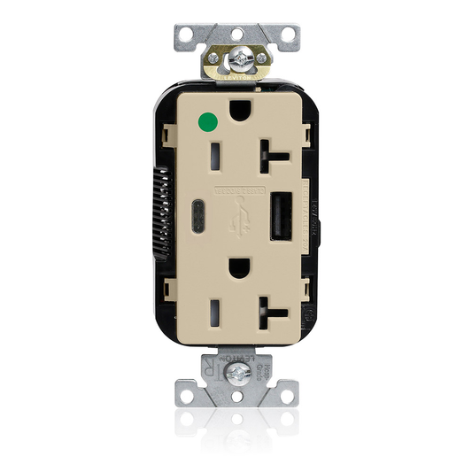 Tamper-Resistant USB Receptacle, Type A/C, 20 Amp 125 Volt, Hospital Grade, Ivory - Lev-Lok