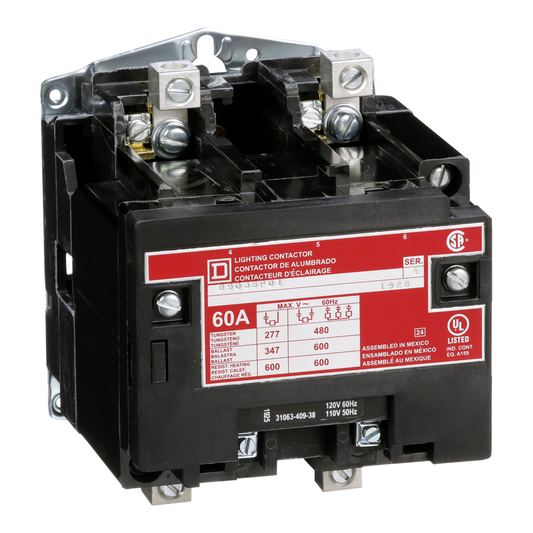 Contactor, Type S, multipole lighting, electrically held, 60A, 2 pole, 110/120 VAC 50/60 Hz coil, open style