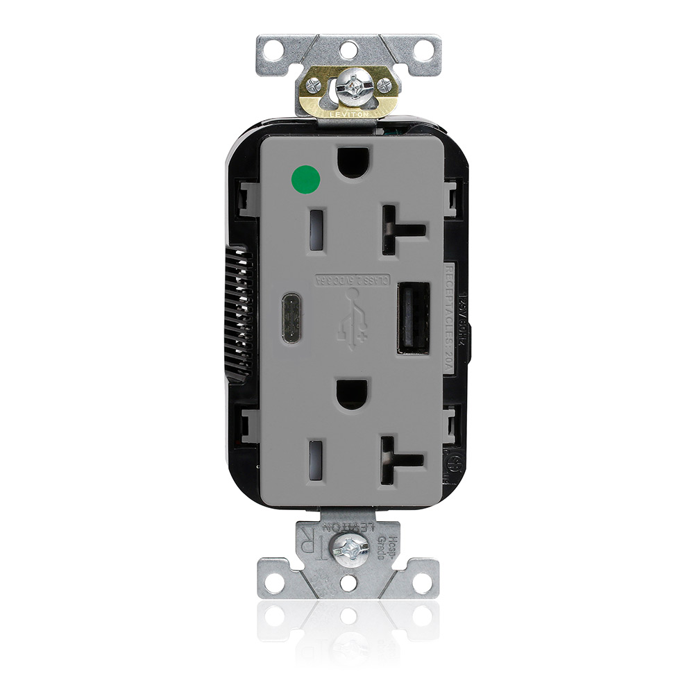 Tamper-Resistant USB Receptacle, Type A/C, 20 Amp 125 Volt, Hospital Grade, Gray - Lev-Lok