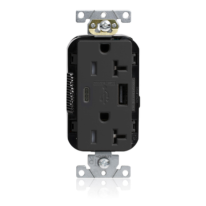 Tamper-Resistant USB Receptacle, Type A/C, 20 Amp 125 Volt, Commercial Grade, Black - Lev-Lok