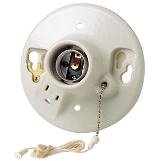 Medium Base One-Piece Glazed Porcelain Outlet Box Mount Incandescent Lampholder, Pull Chain, Single Circuit, 2 Screws Top Wired, 15A 125V Outlet Grounding - White