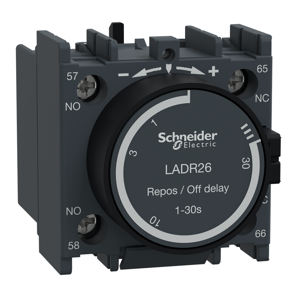 Time delay auxiliary contact block, TeSys Deca, 1NO + 1NC, off delay 1-30s, front, lugs-ring terminals