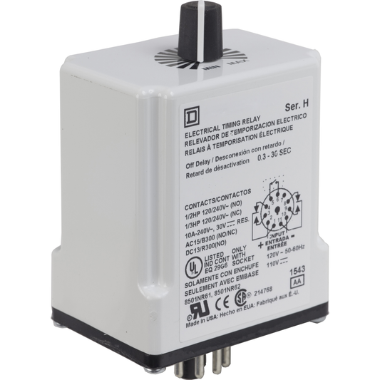 Timing Relay, Type JCK, plug In, off delay, adjustable time, 1.2 to 120 seconds, 10A, 240VAC, 120VAC/110VDC