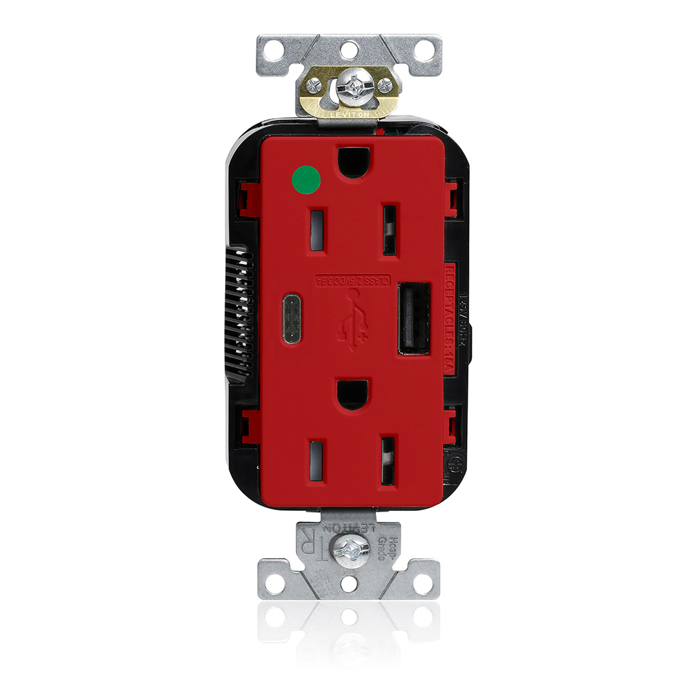 Tamper-Resistant USB Receptacle, Type A/C, 15 Amp 125 Volt, Hospital Grade, Red - Lev-Lok