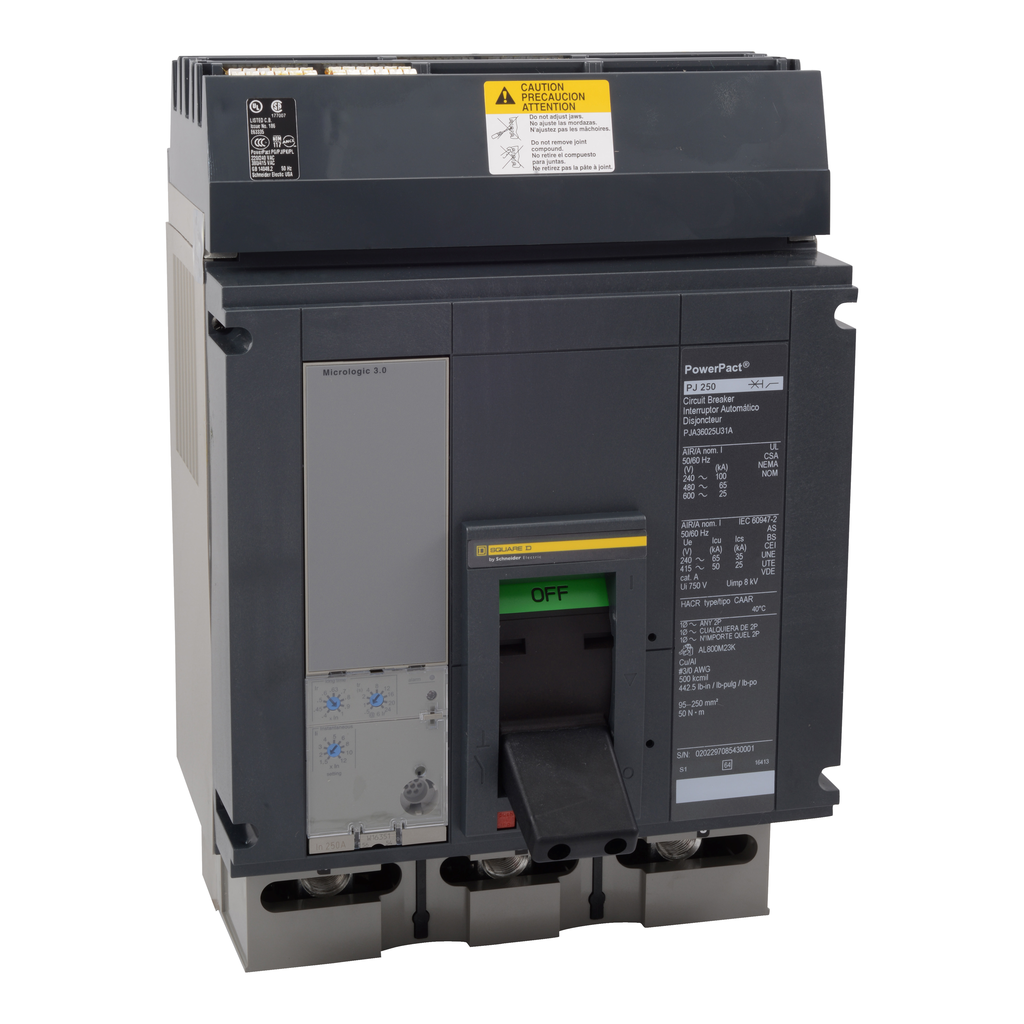 Circuit breaker, PowerPacT P, 400A, 3 pole, 600VAC, 25kA, I-Line, Micrologic 3.0A, 80%