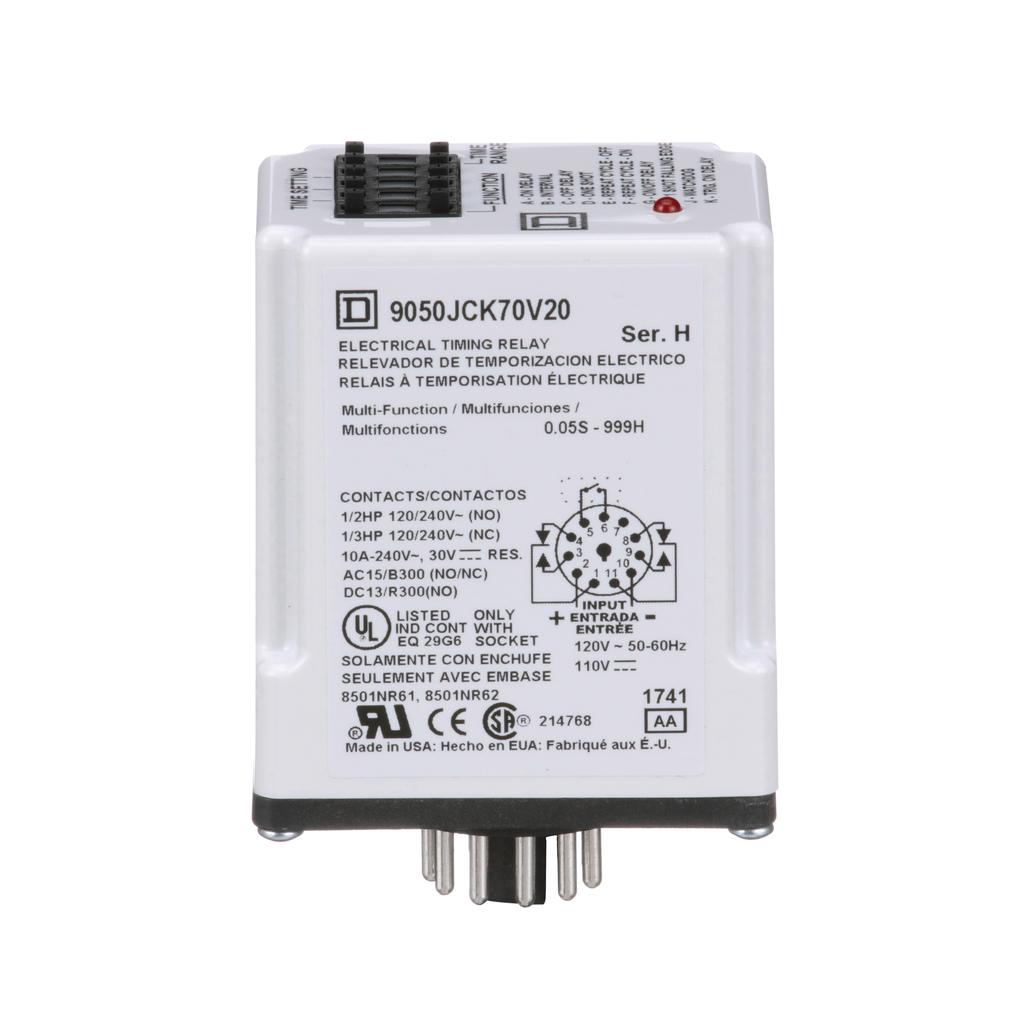 Timing Relay, Type JCK, plug In, multifunction, programmable, 0.5 second to 999 hours, 10A, 240 VAC, 120 VAC/110 VDC