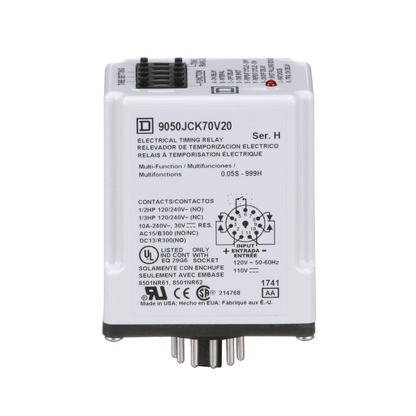 Timing Relay, Type JCK, plug In, multifunction, programmable, 0.5 second to 999 hours, 10A, 240 VAC, 120 VAC/110 VDC