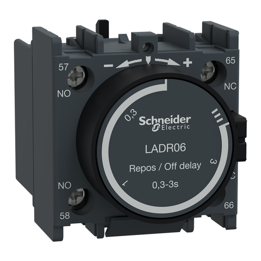 Time delay auxiliary contact block, TeSys Deca, 1NO + 1NC, off delay 0.3-3s, front, lugs-ring terminals