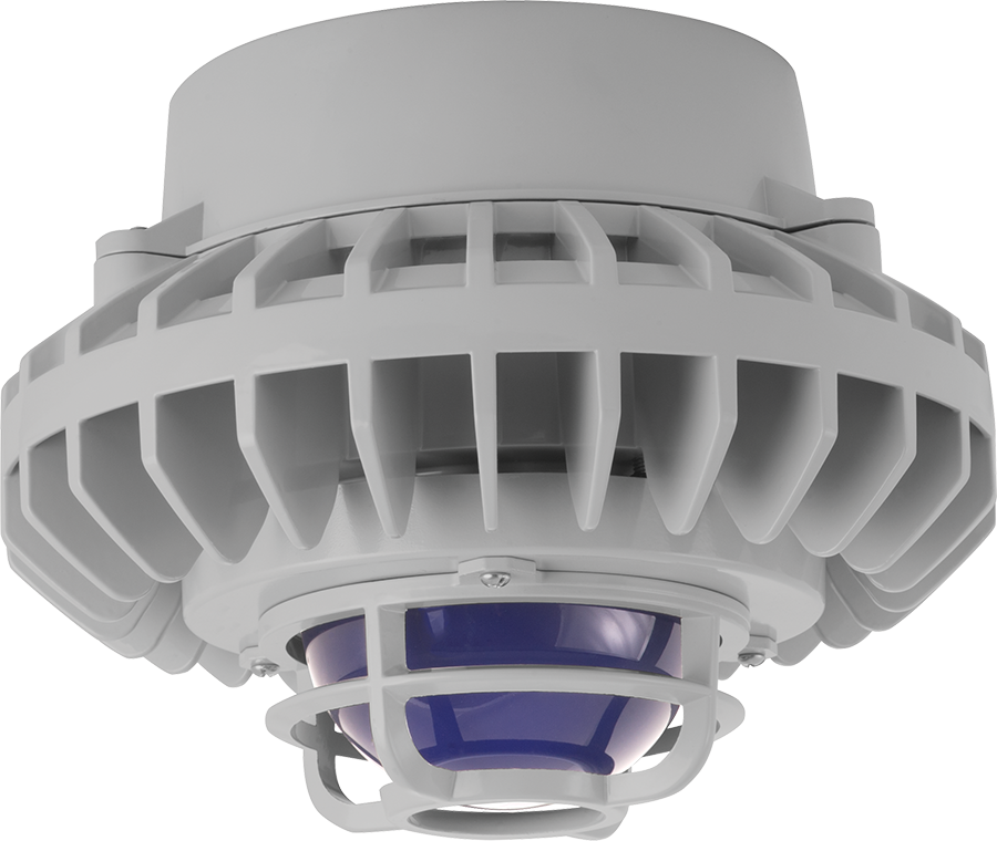 Hazardous Lighting, HAZPLED, 80W, blue frosted globe, die cast guard, gray